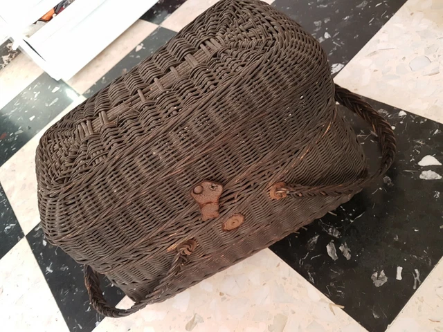 Ancien Panier Marché En Osier Avec Couvercle Et Anses Tressées - Vintage