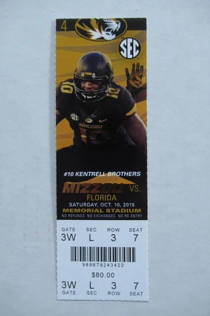 Missouri Tigers Vs Florida Gators 10/10/2015 Full Ticket ~ Kentrell Brothers