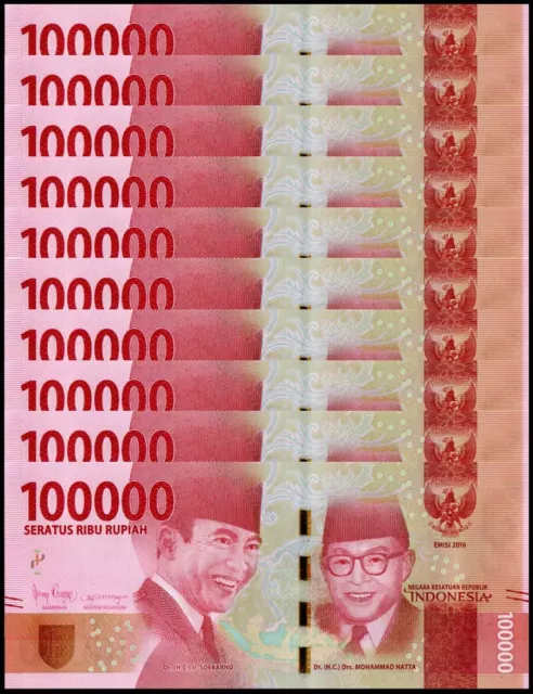 10 x Indonesia 100,000 Rupiah Banknote, 2020-10 NOTES  P-160d, UNC  USA SELLER!!