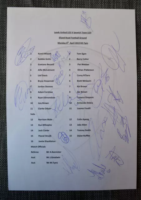 LEEDS RESERVES HAND SIGNED TEAM SHEET 2018 AUTOGRAPH LEEDS UNITED UTD COA c