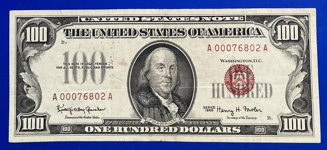 1966 $100 One Hundred Dollars Legal Tender Note Red Seal Nice Condition