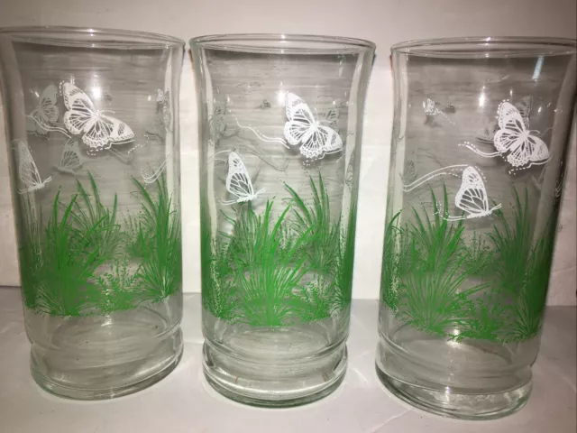 3 VTG Libbey Drinking Glasses Monarch Butterfly Fern GRASS Tumblers Cottagecore