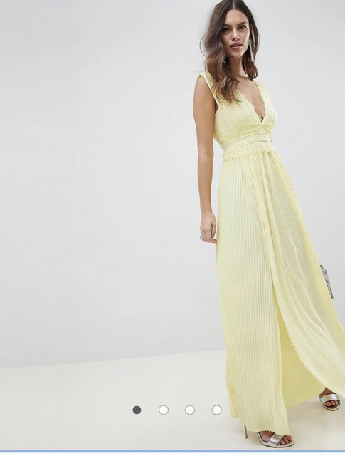 ASOS DESIGN premium lace insert pleated yellow maxi dress size 10 💛