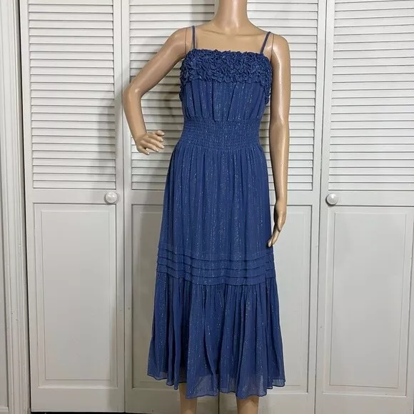 Rebecca Taylor $495 Lurex Silk Stripe Tank Iris Midi Dress Blue Metallic Small