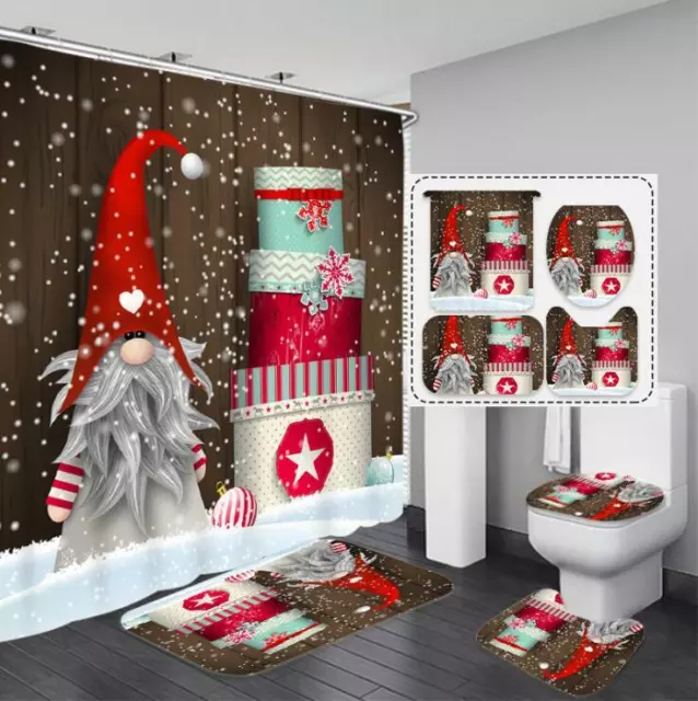 Christmas Santa Claus Decor Waterproof Bath Shower Curtain Toilet Lid Cover Mat