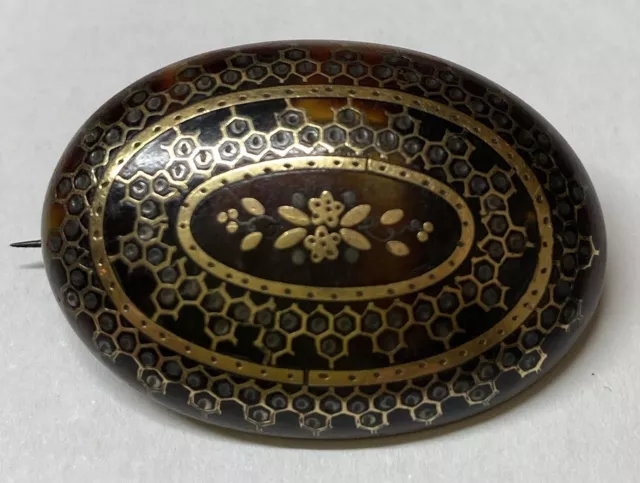 Antique Victorian Gold Pique Brooch Tortoise Shell Inlay Floral Honeycomb Motif