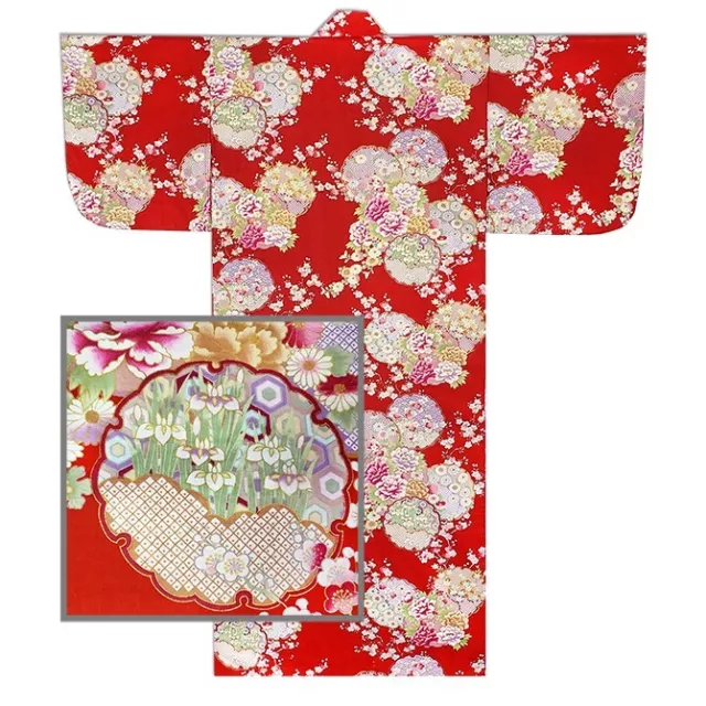 Japanese 58"L Kimono Yukata Robe Red/Shikino-Hana Print Cotton MADE IN JAPAN