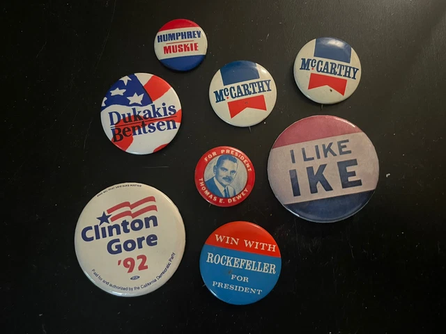 Eight Vintage Presidential Campaign Buttons Clinton Rockefeller Dewey Dukakis