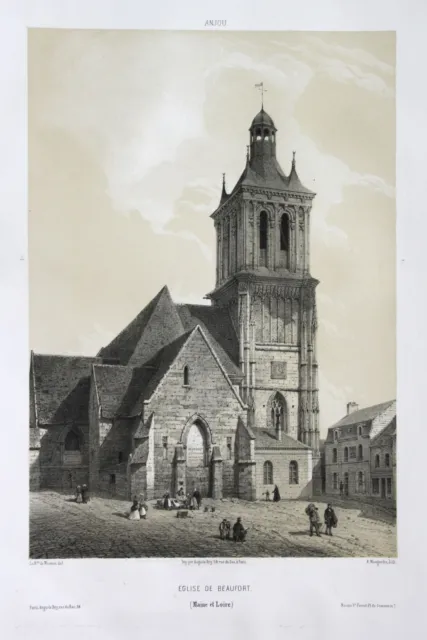 1860 Eglise de Beaufort / Maine et Loire / Anjou Lithographie Wismes