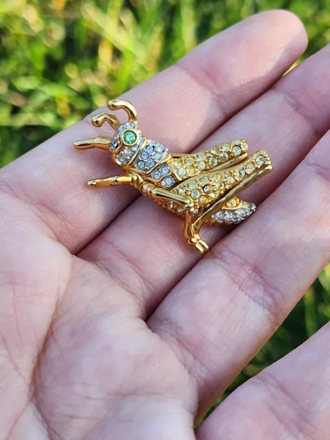 Swarovski Swan Signed Pave Crystal Grasshopper Brooch Retired  Gold Tone