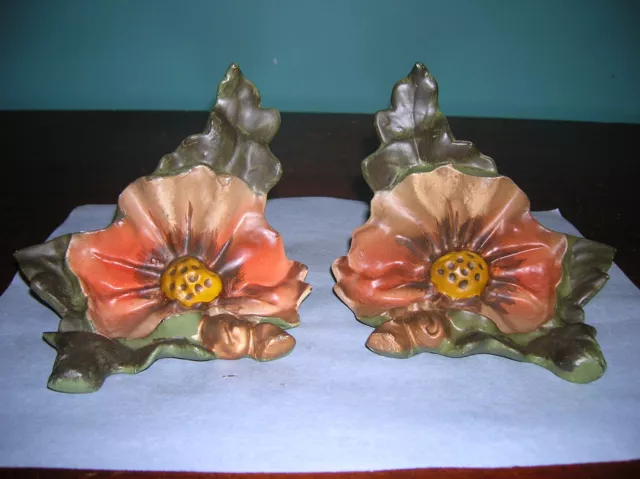 Antique flower blossom floral bookends cast iron, original paint, 1940