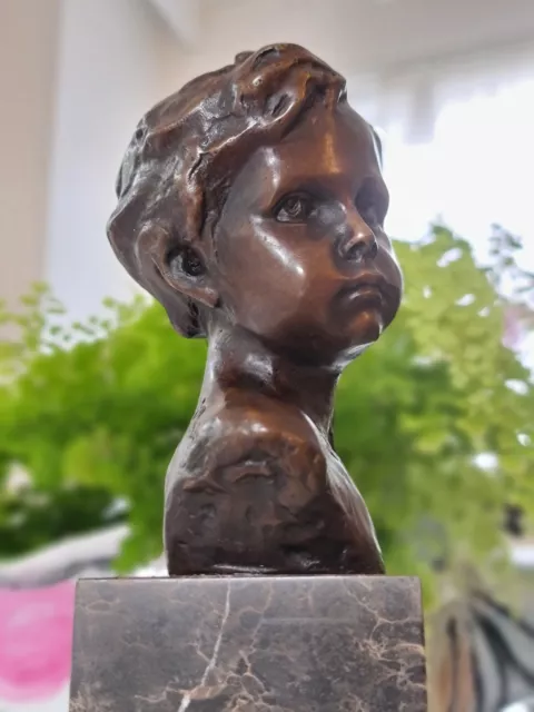 Bronze Sculpture Bust Of A Boy Cherub On Marble Base