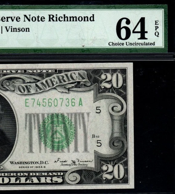 PMG 64 EPQ  1934B $20 Federal Reserve Note Choice Uncirculated S/N E74560736A