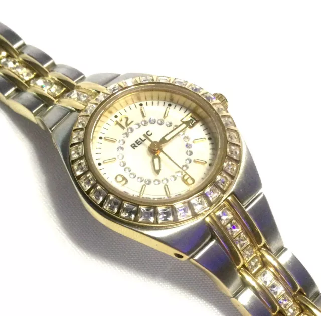 RARE LADIES RELIC WATCH White Dial w/ Crystal Bezel Two Tone Gold & Stainless