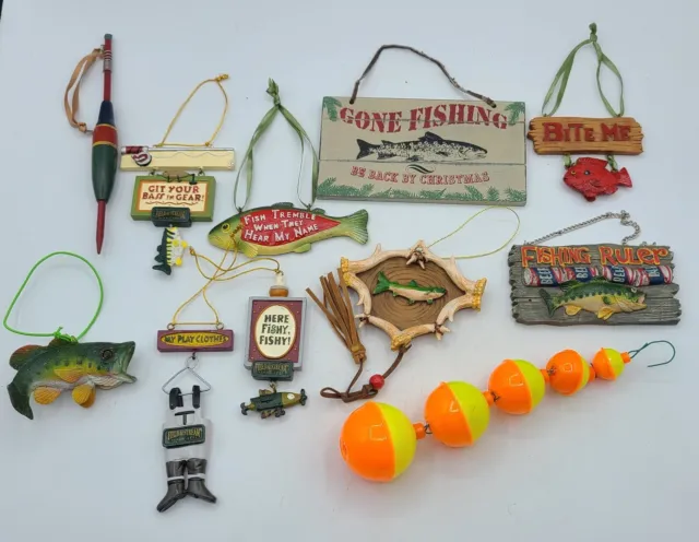 Lot of 11 Fishing Theme Christmas Tree Bass Ornaments Gone Fishing