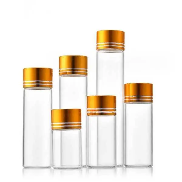 Luxury Empty 5ml-200ml Transparent Glass Storage Bottle w/ Aluminum Gold Caps
