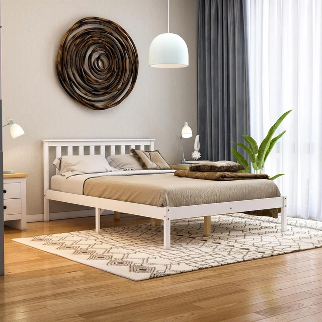 SALE WOODEN BED Size Double Slatted Pine Wood Low Foot Rustic White £77 ...