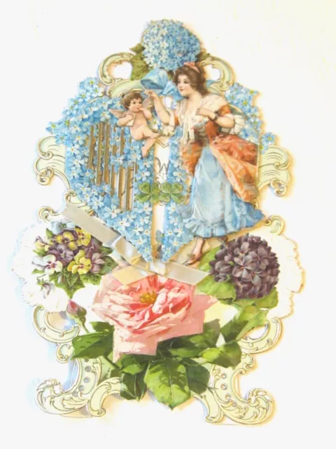 Antique Victorian Die Cut Paper Valentine Cherub Angel Flowers Fancy Frame Shape 3