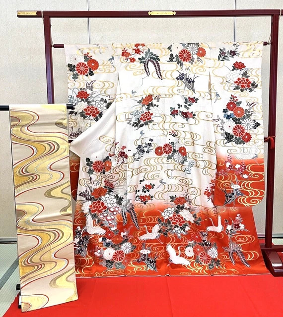 Japanese Kimono "Furisode" "Fukuro obi" 2 piece set/chrysanthemum/crane/Flower