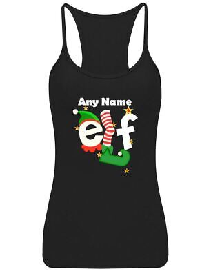 Any Name ElF Christmas Printed Ladies Strappy Top RacerBack Xmas Lycra Vest Lot