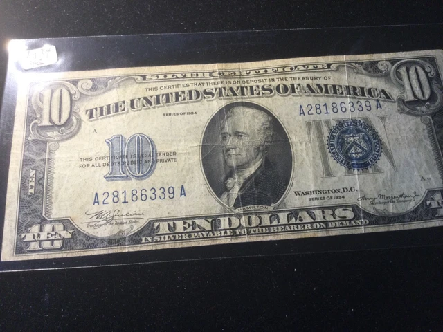 1934 $10 TEN DOLLAR SILVER CERTIFICATE BLUE SEAL NOTE A28186339A Washington DC