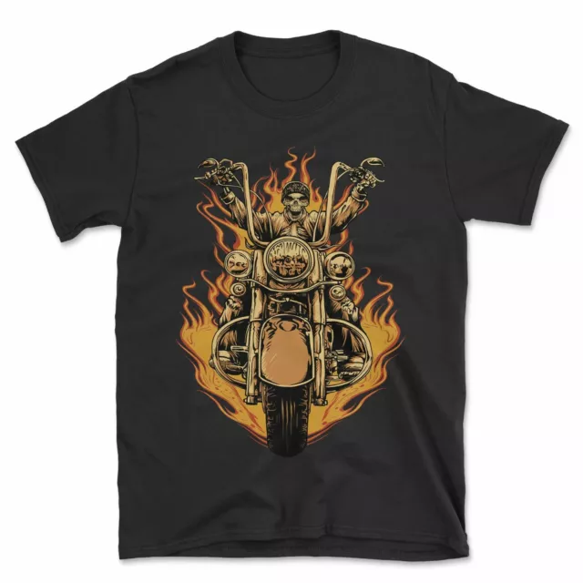 Flaming Biker T-Shirt | Motorbike Flames Undead Skull Chopper Skeleton Bike Gift