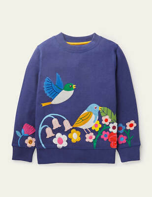 Mini Boden Cosy Appliqué Sweatshirt -Starboard Blue Garden Birds