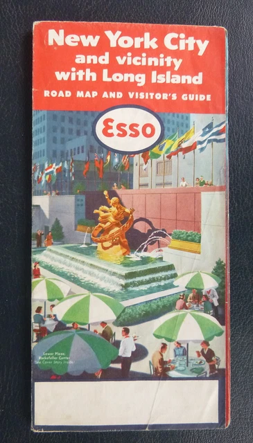 1956 New York City road map Esso oil gas Rockefeller Plaza lower level
