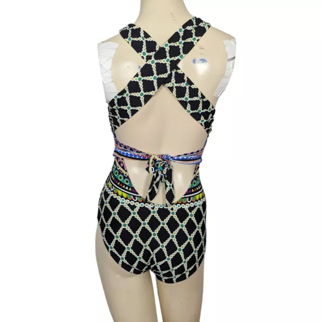 Trina Turk Kon Tiki Crisscross multicolored Plunge one piece Swimsuit size 6 3