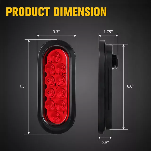 Red 6" Oval Trailer Lights 10 LED Stop Turn Tail Truck Sealed Grommet Plug DOT 2