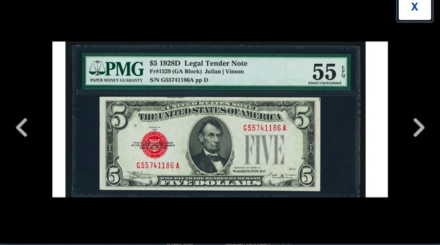 KEY NOTE JULIAN / VINSON Fr1529 $5 1928D Legal  PMG 55 EPQ ABOUT Uncircul =====