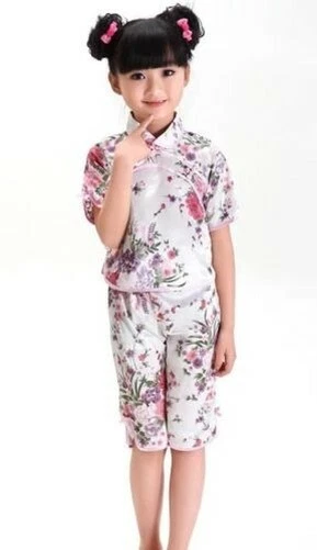 Cinese Giapponese Ragazze Bambine Bianco,Fiori Top & Pantaloni Set Pigiama cgps2