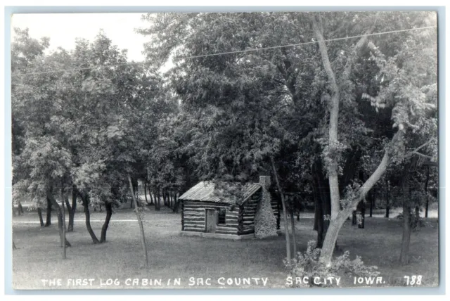 1951 The First Log Cabin In Sac County Sac City Iowa IA RPPC Photo Postcard