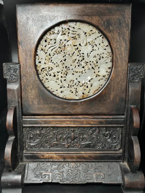 Chinese Exquisite Handmade Dragon Phoenix carving Inlaid Hetian Jade Wood Screen