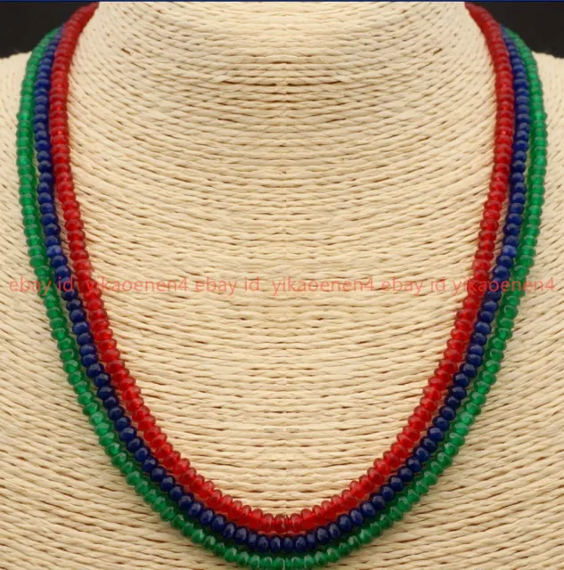 GENUINE NATURAL 3 Rows 2X4mm FACETED Emerald Ruby&Sapphire GEMS BEADS NECKLACES