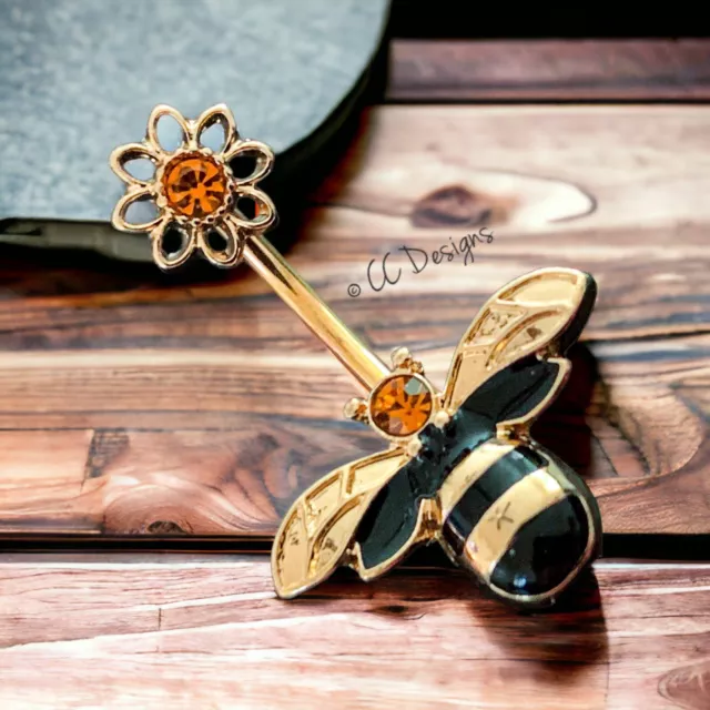 14g gold IP orange cz gold black flower bumble bee bug belly button ring (B59)