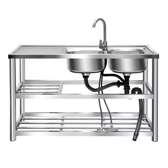 Commercial Kitchen Sink 2-Compartment Stainless Steel w/Prep Table & Drainer Kit