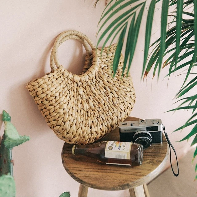 Sac à Main En Paille Rond Pour Femmes – Fourre-tout De Plage En Rotin Tissé – Idéal été, Voyages Et Photos