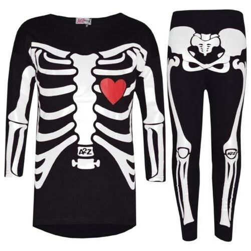 Top Bambina Scheletro Stampa T Shirt & Set Leggings Costume Halloween 5-1