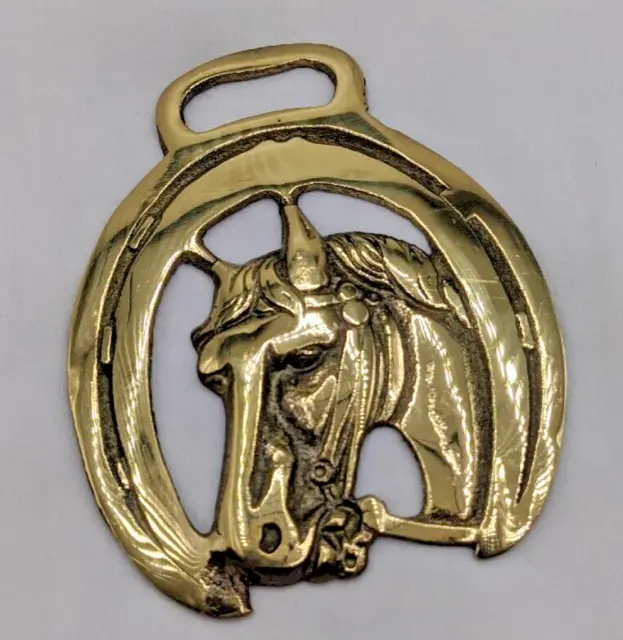 Brass Horse Medallion Vintage English Horseshoe Good Luck Bridle Show Parade