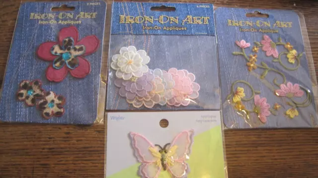 NEW LOT 4 PKS IronOn Art Appliques/3-D SHEER&EMBROIDER FLORAL&WRIGHTS BUTTERFLY