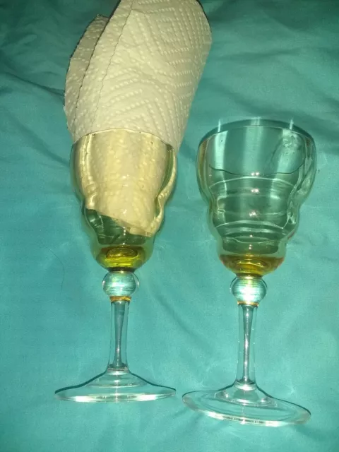 Pair of wine glasses yellow tinted 4.5" H Very Delicate and Elegant Vessel Nice!