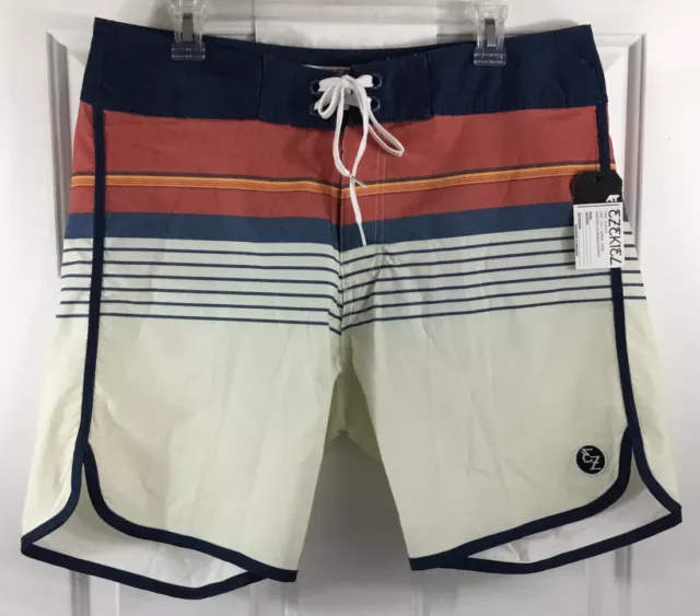 Ezekiel Board Swim Shorts Mens 34 Blue Red Cream Striped Swimwear Cotton Blend