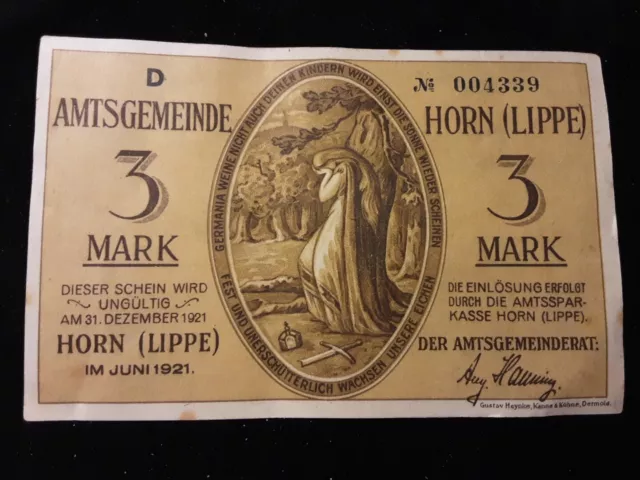 1 Mark Banknote Notgeld Amtsgemeinde Horn Lippe 1921