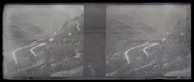 Paysage Montagne c1912 Photo NEGATIVE Plaque de verre Stereo Vintage V33L22n