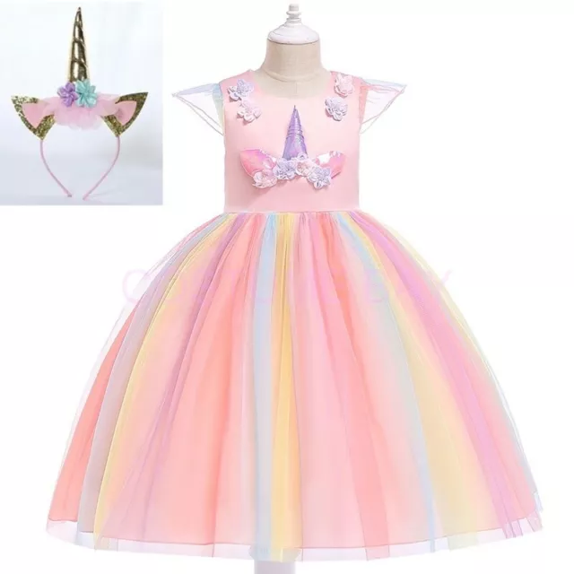 Kids Girls Flower Girl Unicorn Dress Princess Tutu Formal Wedding Birthday Party