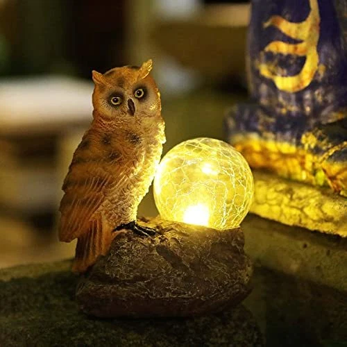 Solar Garden Statue Outdoor Decor,Owl Standing On The Stone,Beside A Cracked