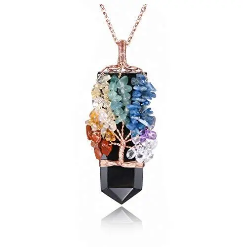 7 Chakra Crystal Tree of Life Wire Wrapped Quartz Black Obsidian - Rose Gold