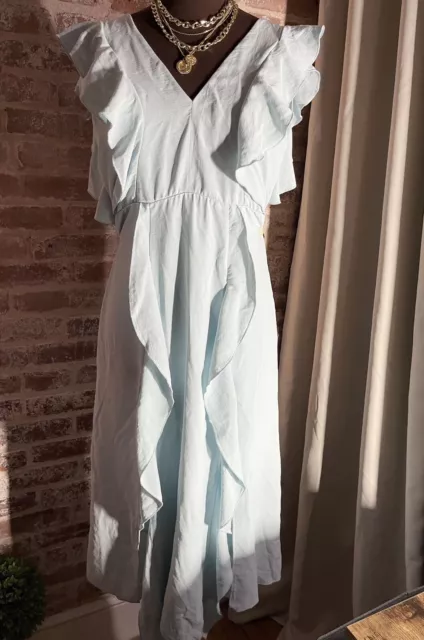 ¡Nuevo! Vestido Zara Azul Claro Aletero Sin Mangas Volantes Midi Talla Pequeña Nuevo con Etiquetas