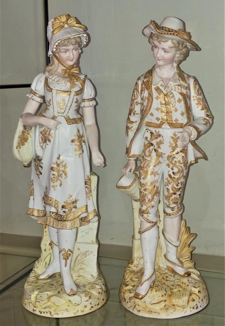 Pair of Large French Antique Paul Duboy Finely Hand Gilded Bisque Children 1860